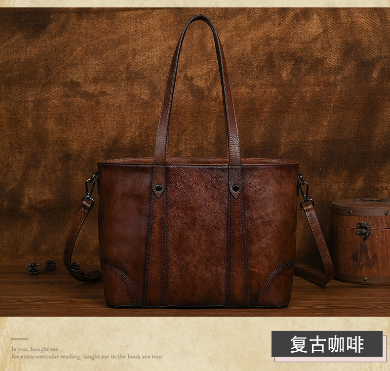 Túi tote nữ da bò cao cấp phong cách retro, dung tích lớn, đeo vai/nách — Màu nâu cổ điển, Màu Cà phê cổ điển, Màu đen cổ điển chi tiết 9