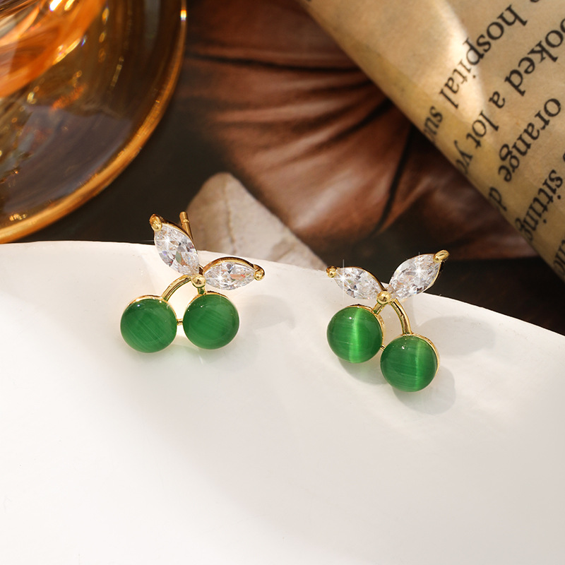 1 Pair Quantity 1 Pair Sweet Cherry Cat's Eye Stone Copper Zircon Ear Studs