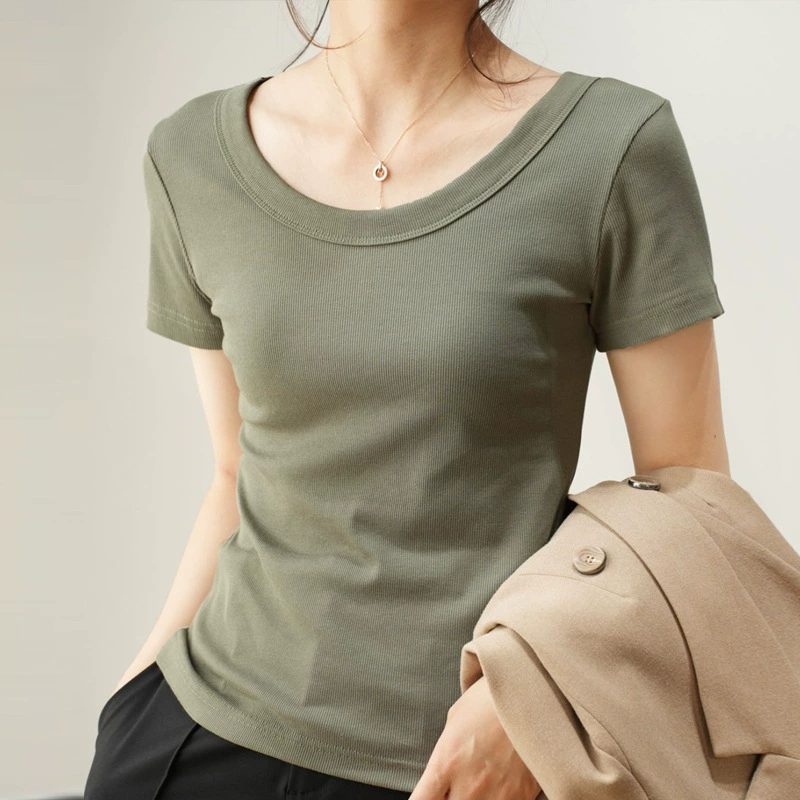 Right Shoulder Threaded T-Shirt for Women Summer 2025 New Slim Fit Versatile Slimming Look Large Size U-Neck High Elastic Short-Sleeved Bottoming Top