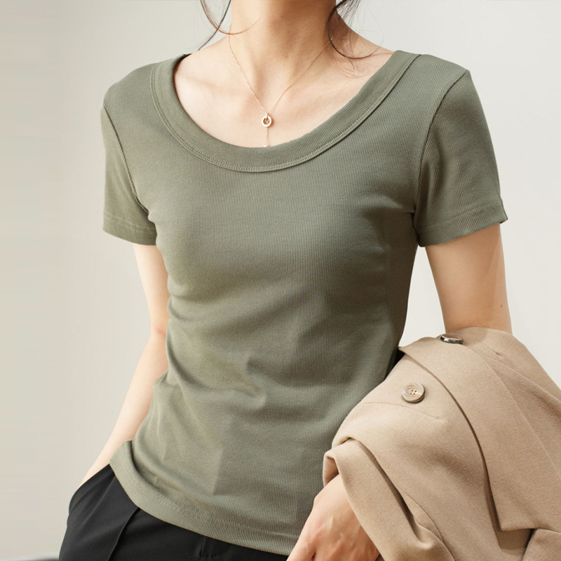 Women's Ribbed T-Shirt with Regular Shoulders, Summer 2026 New Style, Slim Fit, Versatile, Flattering, Large Round Neck, High Elasticity, Short Sleeve, Basic Top