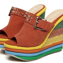 外贸批发新款高跟鞋松糕鞋真皮鱼嘴拖鞋拼色彩虹鞋防水台坡跟凉鞋