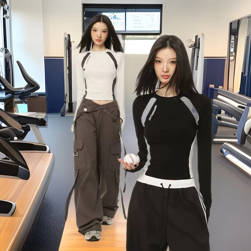 Stretch Tight-Fitting Right Shoulder Contrasting Color Fitness Running Sports T-Shirt Slim Pilates Training Clothes Breathable Yoga Top