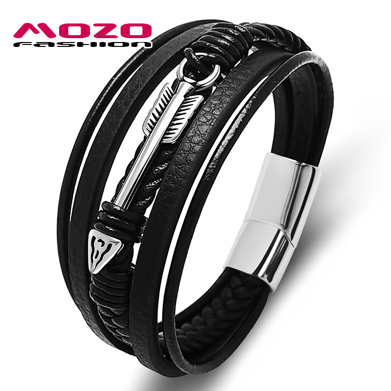 Source Factory New Model Stainless Steel Feather Bow and Arrow Handmade Multi-Strand Braided Men's Leather Bracelet Supports Customization Source Factory New Model Stainless Steel Feather Bow and Arrow Handmade Multi-Strand Braided Men's Leather Bracelet Supports Customization
