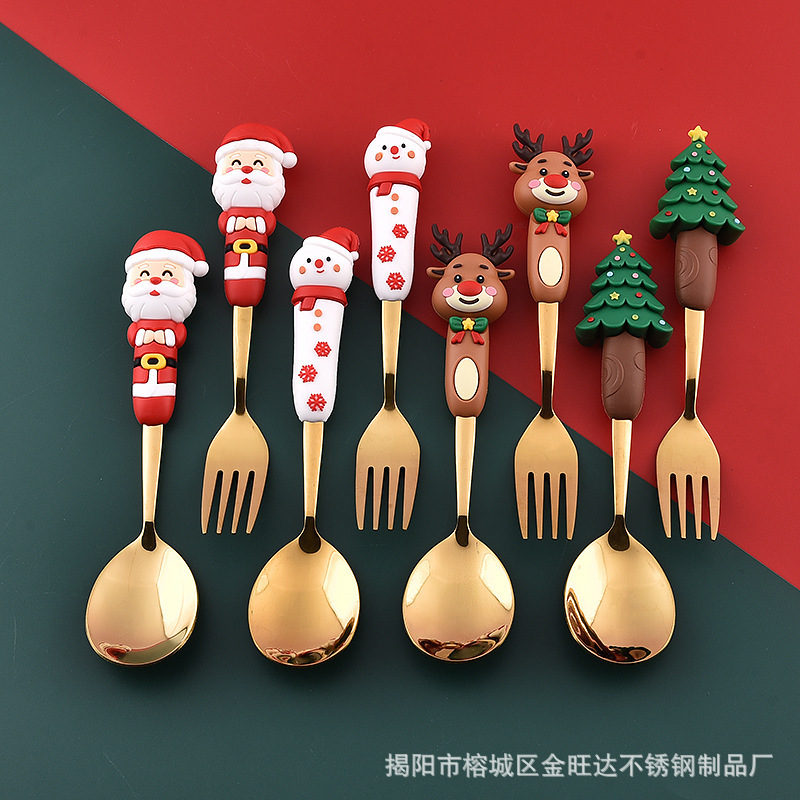 Christmas Tableware Set Creative Tableware Spoon Fork Cartoon Santa Claus Stainless Steel Spoon Fork Gift Box