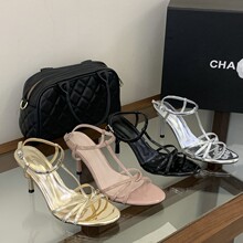 []方头细带高跟凉鞋女T字扣露趾凉鞋通勤不累脚高跟鞋