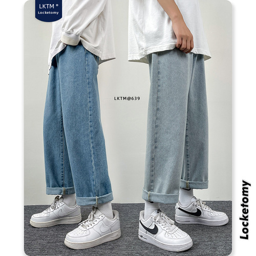 LKTM Men's #American Street Black Denim Jeans Men Loose Straight Leg Wide Leg Pants Trend Brand Nine-Tenths Length Pants