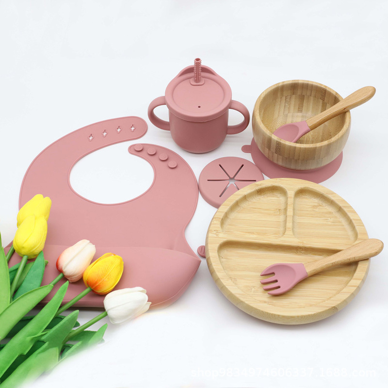 Cross-border Bamboo Children's Bib Round Dinner Plate Bowl with Silicone Suction Cup Baby Supplemented Tableware suit