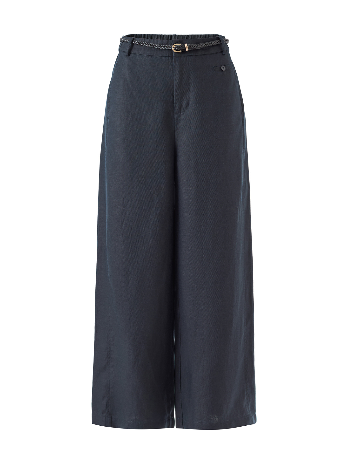 Quần culottes nữ ống rộng dáng suông, cạp cao, chất liệu tencel linen thoáng mát, phù hợp mùa hè — Xanh lông mòng đen