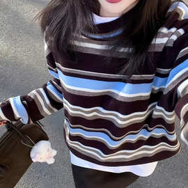 【绵羊绒】法式复古撞色条纹长袖针织衫女早秋超好看设计感宽松