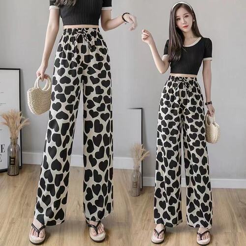 Thailand Printed Heart Wide Leg Pants for Women - Summer Thin Fit Loose Plus Size High-Waisted Slimming Long Pants