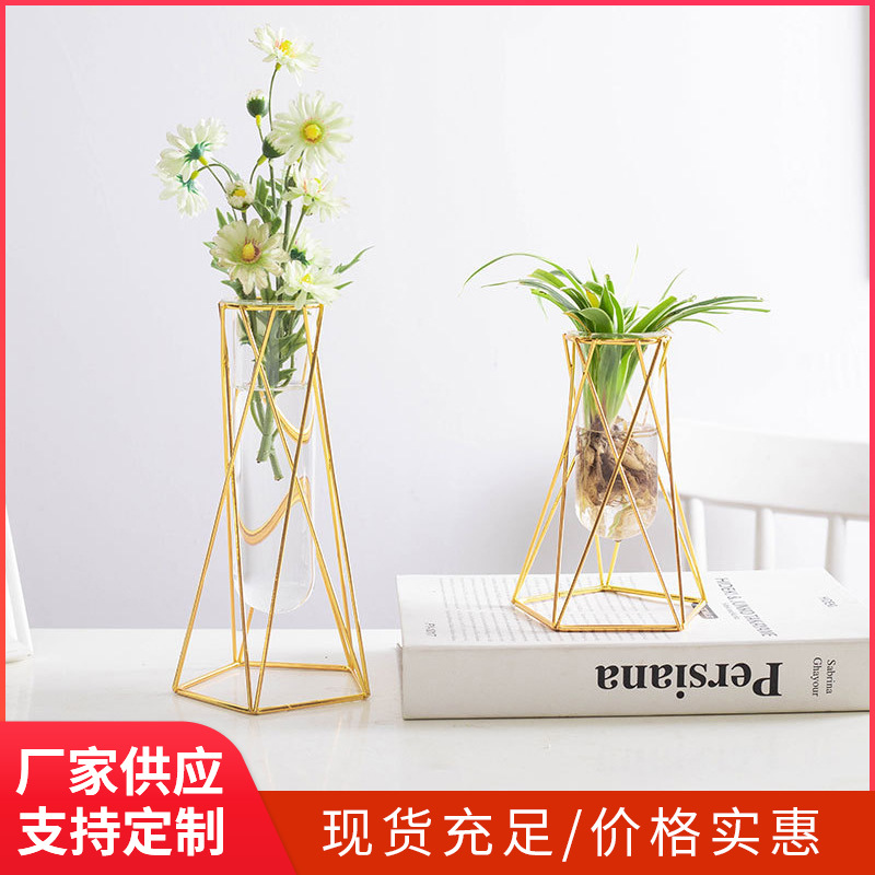 Jarrón de hierro geométrico dorado al por mayor de fábrica Nordic ins decoración de escritorio florero de vidrio hidropónico arreglo floral