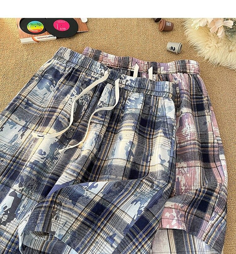 Men's And Women's Tie Dye Plaid High Waist Street Style Shorts Casual Retro Straight Five Point Beach Outerwear_viptrois.com