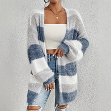 亚马逊秋冬跨境女装欧美外贸新款针织毛绒外套长款条纹拼色开衫