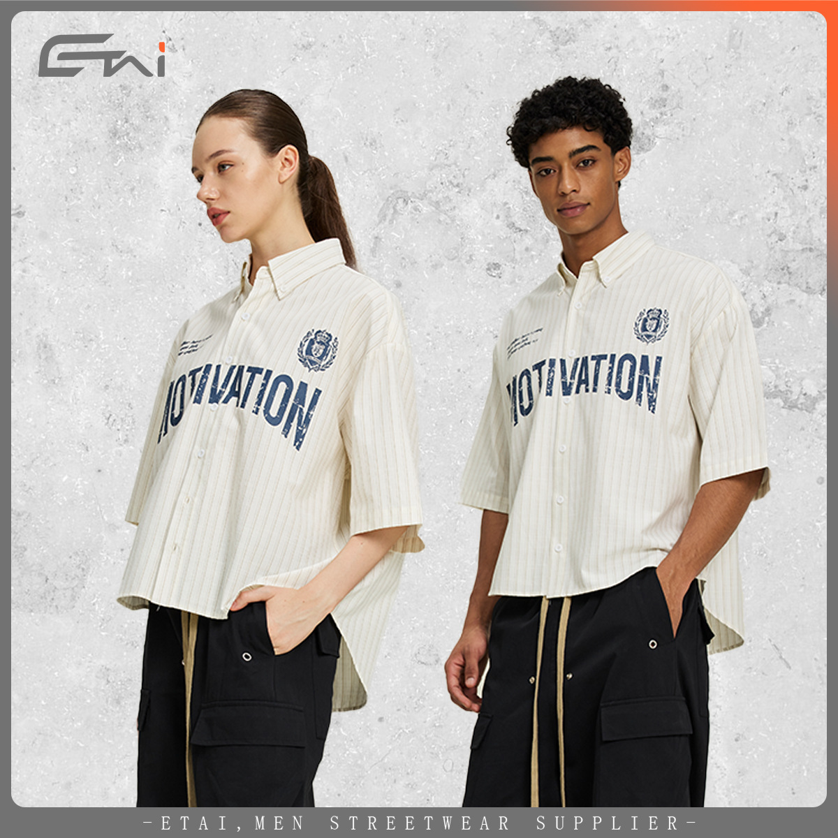 ETAI ropa de hombre retro camisa casual a rayas manga corta chaqueta corta ancha camisa de hombre marca de moda adolescente