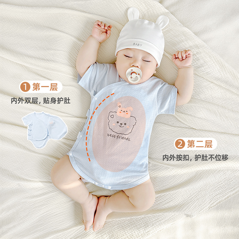Ropa de bebé de una pieza, ropa de verano para recién nacidos, mampara delgada para hombres y mujeres, ropa de pedo triangular de manga corta de algodón puro, ropa de verano para bebés