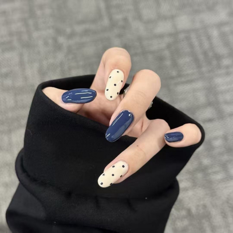 Sea Salt Ice Cream~Spring Freshness Korean Style Ins Blue and White Color-Blocking Polka Dot Manicure High-End Versatile Atmospheric Press-On Nails Sea Salt Ice Cream~Spring Freshness Korean Style Ins Blue and White Color-Blocking Polka Dot Manicure High-End Versatile Atmospheric Press-On Nails
