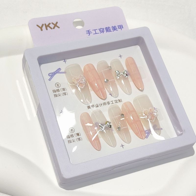 奶黄蝴蝶结新法式穿戴甲中长高级纯欲风美甲学生指甲贴可拆卸|undefined