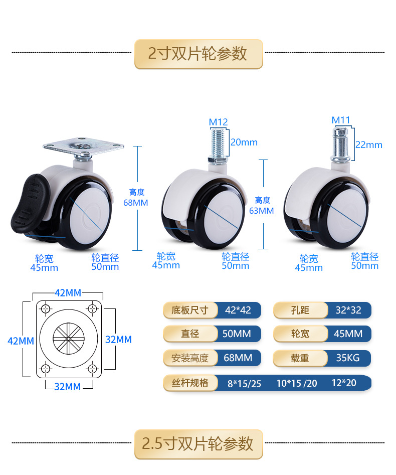 PU静音医疗双片轮子