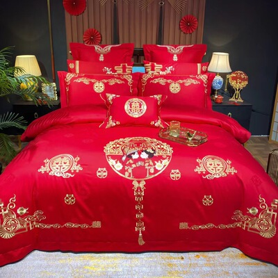60长绒棉提花婚庆四件套厂家直销全棉大红喜庆床上用品可配多件套|ms