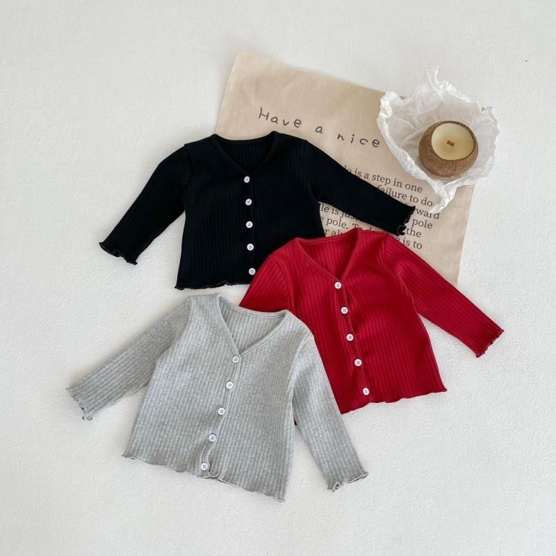 Cross-border 2026 Spring and Autumn New Style Baby Boys and Girls Ribbed Solid Color V-neck Cardigan with Ruffled Trim Long Sleeve Jacket