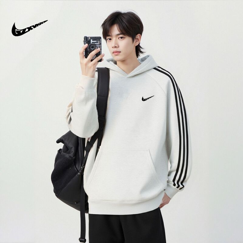 Autumn and Winter Ollie Velvet Sweatshirt for Men with Three Stripes, Hooded, Fleece-Lined, Loose Casual Sports Pullover, Loose Fit Autumn and Winter Ollie Velvet Sweatshirt for Men with Three Stripes, Hooded, Fleece-Lined, Loose Casual Sports Pullover, Loose Fit