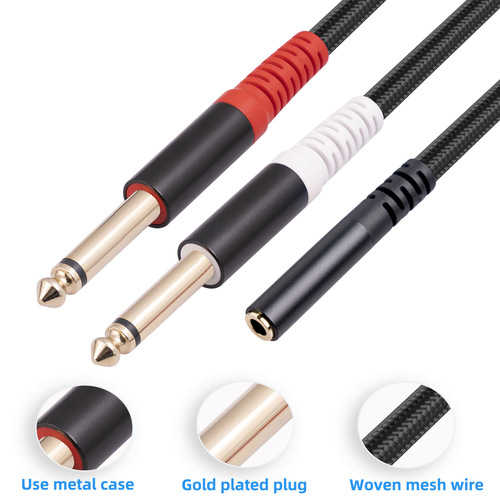 Shielded wire aluminum alloy shell stereo 3.5mm female to dual 6.35 TS 1/4 mono audio cable 0.3 meters