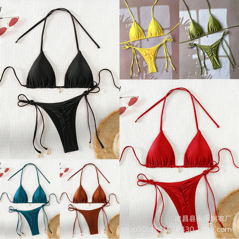 2025新款跨境欧美外贸纯色系带挂脖两件套比基尼三角包分体泳衣女