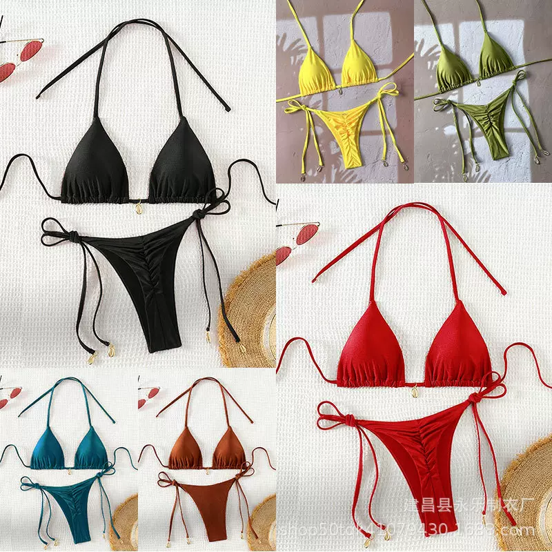 2025新款跨境欧美外贸纯色系带挂脖两件套比基尼三角包分体泳衣女