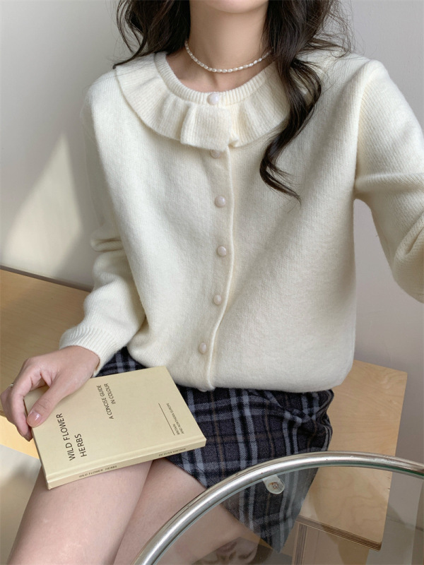 韩系学院风毛衣女温柔好看娃娃领宽松时尚外套甜美减龄针织开衫女|undefined