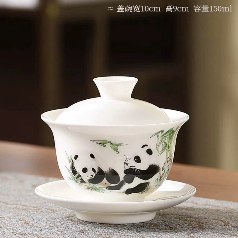 Jade-Colored Floating Cover Bowl, Three-Talent Cover Bowl, Tea Room Panda Holding Bamboo, Floating Cover Bowl, Chinese-Style Tea Bowl, Tea Set
