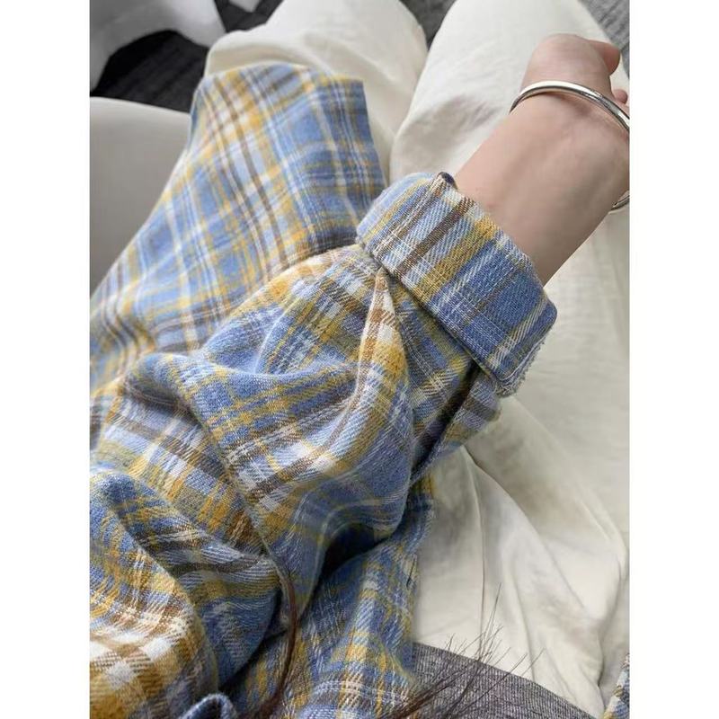 轻奢复古格子衬衫女上衣春秋款外套打底内搭叠穿小衫格纹衬衣外穿|undefined