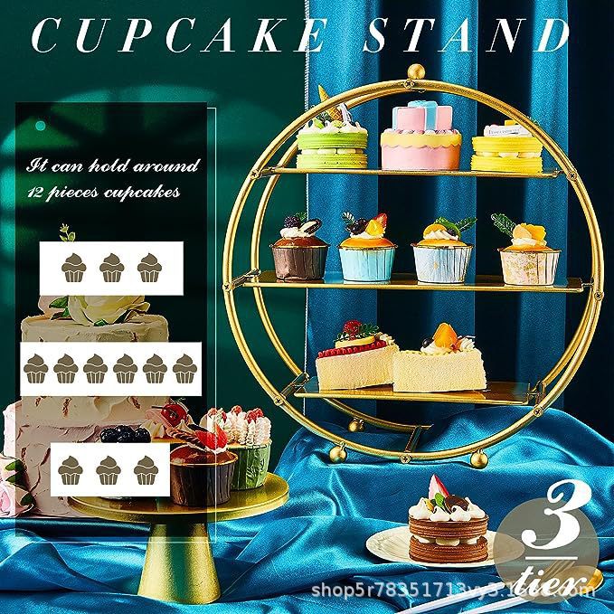 Fiesta de boda redonda estante de cupcake mesa de postre muestra de cumpleaños dorado estante de pastel estante de postre redondo