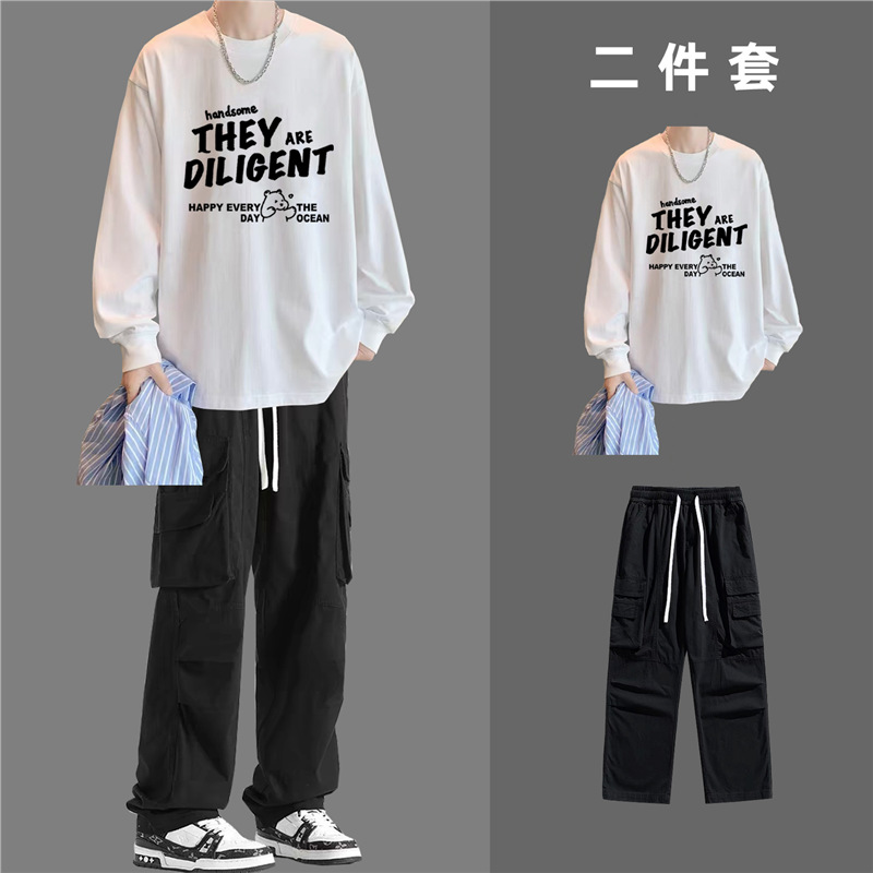001 2025 New Men's Clothing For Teenagers Students Autumn Hong Kong Style Long Sleeve T-Shirt Set With Cargo Pants_voghion.com