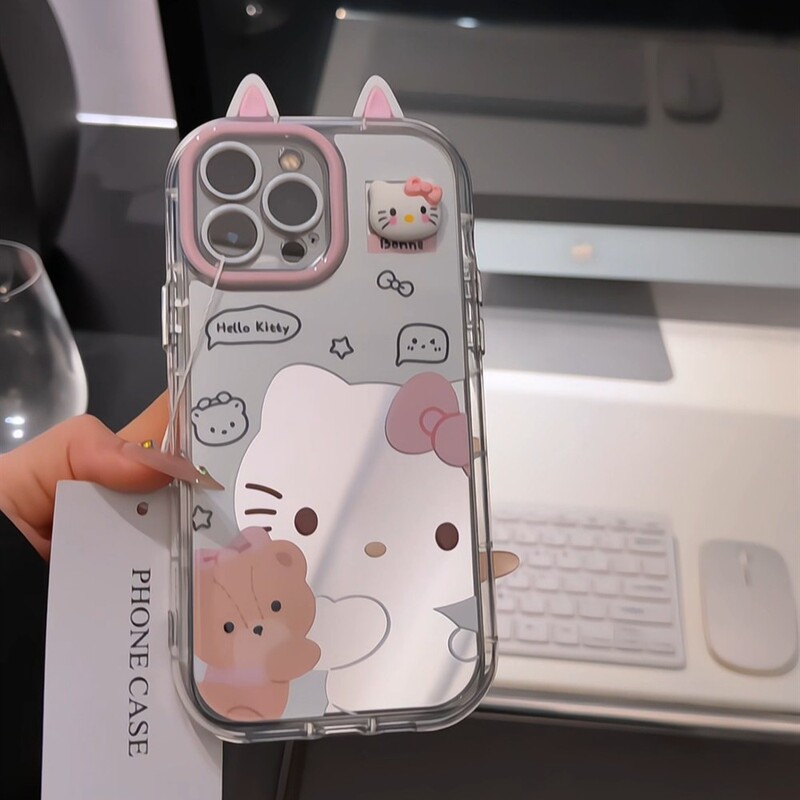 抱抱熊凯蒂用iPhone16promax奶油镜面手机壳油13全新15卡通14创意|undefined