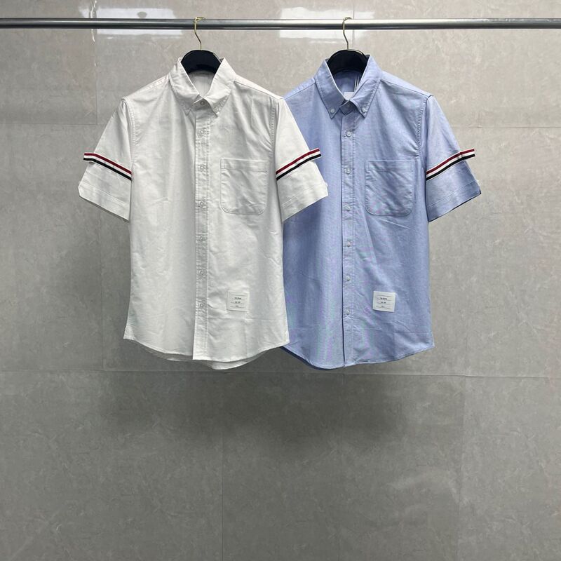 TB Shirt Double Sleeve Red White Blue Ribbon Lapel Oxford Textile Casual All-match Top Men's and Women's Summer Simple Short Sleeve