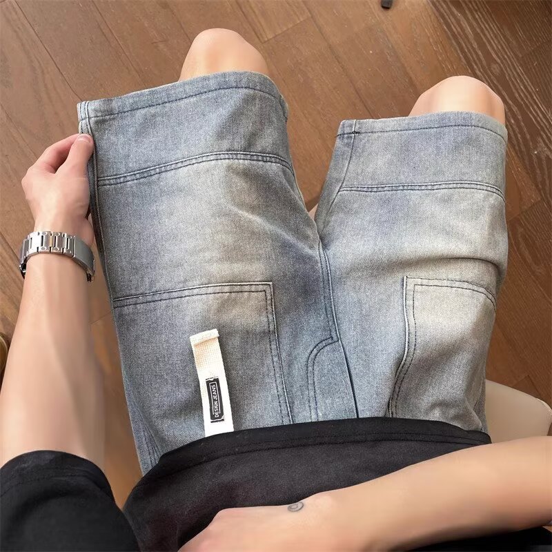 Vintage jeans japoneses, pantalones cortos de verano masculinos, empalme rectas sueltas, antiguo, marca de moda, pantalones casuales de cinco puntos