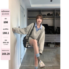 CallmeEar//【】スプライスフェイクツーピーススウェットシャツレディースプルオーバーカジュアルルーズトップ秋ファッション