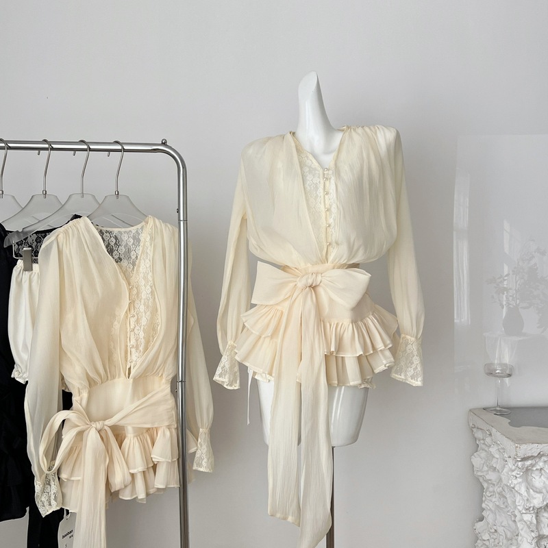 Temple Mai French-Style Girly Lantern Sleeve Lace Tulle Ribbon Bow Dress Autumn Waist-Cinching Shirt Short Cake