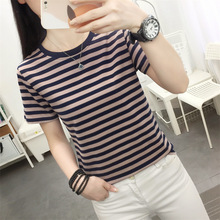 胖mm大码宽松纯棉短袖T恤女装中年妈妈夏装正肩条纹体恤衫上衣服