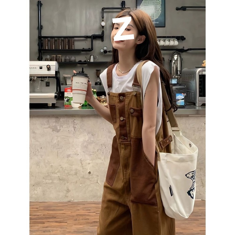 美式复古牛仔背带裤女夏季ins新款宽松高腰连体拖地直筒阔腿裤子|undefined