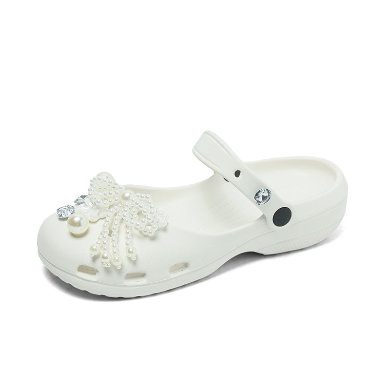 Ballet-Style Perforated Shoes for Women, Summer Gentle Style with Rhinestones and Pearls, Soft-Soled Closed-Toe Sandals for Outdoor Wear, Non-Slip Beach Shoes