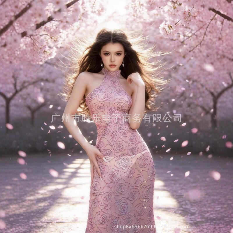 2026 New Pink Rose Rhinestone Halter Neck Slim-Fit Evening Gown Long Dress Pageant Performance Dress Stage Outfit 2026 New Pink Rose Rhinestone Halter Neck Slim-Fit Evening Gown Long Dress Pageant Performance Dress Stage Outfit