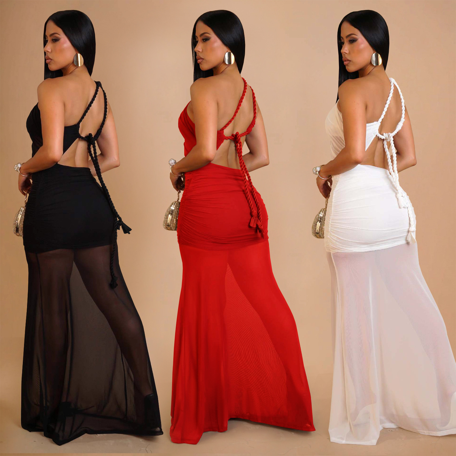 C7515 Aliexpress transfronterizo Amazon Europa y América moda mujer sexy hombro inclinado transparente malla vestido de espalda abierta image 3
