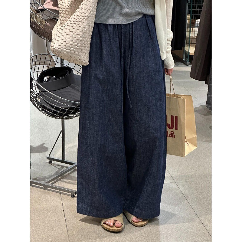 2026 Summer New Japanese Style Versatile Drawstring Linen Granny Pants Denim Straight Cropped Pants for Women 2026 Summer New Japanese Style Versatile Drawstring Linen Granny Pants Denim Straight Cropped Pants for Women