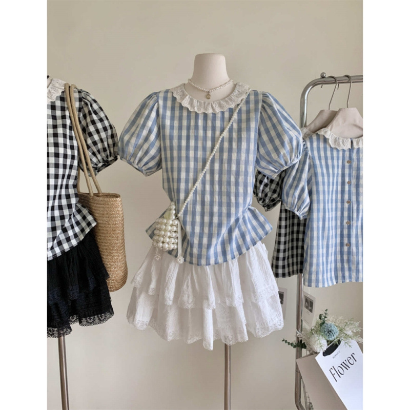 Blue colored summer design lace shirt with a round collar