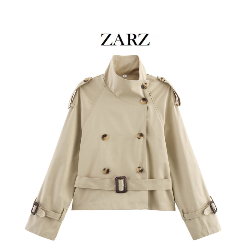 ZARZ 自家製ヨーロッパとアメリカンスタイルの新しい女性のファッショナブルなカジュアル多用途クラシックショートウインドブレーカー、ウエストバックル付き|undefined