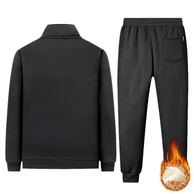001 Fleece-Lined Thickened Lamb Wool Sports Suit For Men, Casual Stand Collar Sweatshirt, Running Nine-Point Long Pants,_voghion.com
