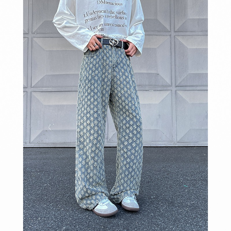 Men's Summer Jacquard All over Print plus Size Tall Extra Long Flared Pants mid Waist Straight Blue Jeans High Street Style_voghion.com