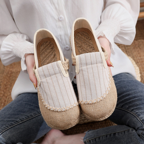 Folk dance Shoes linen shoes female singles stripe color matching stitching breathable cloth shoes