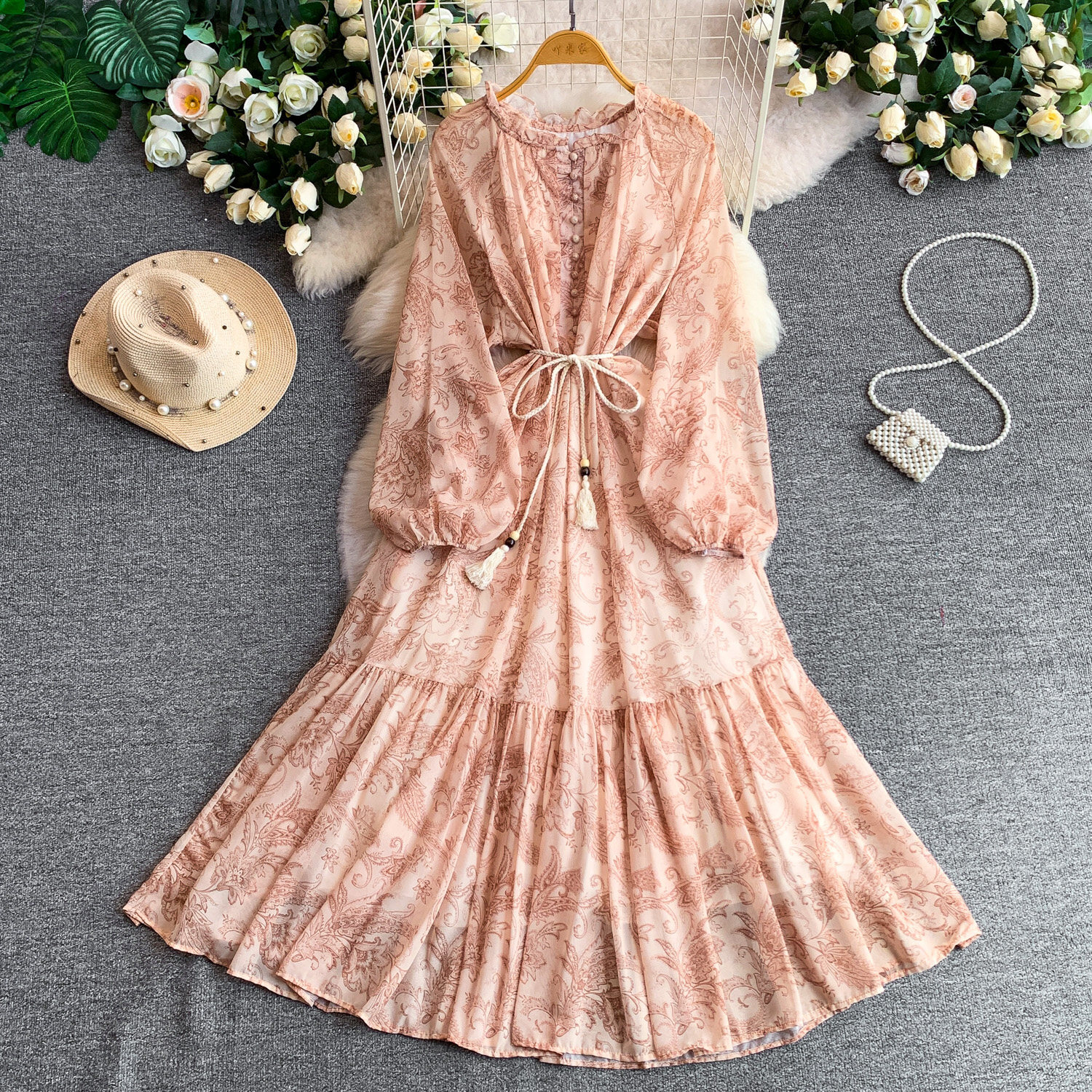Elegant French Style Long Sleeve Dress Ruffled Collar Rope Waist Cinching Chiffon Printed Maxi Summer Retro Dress_ecoleips.com